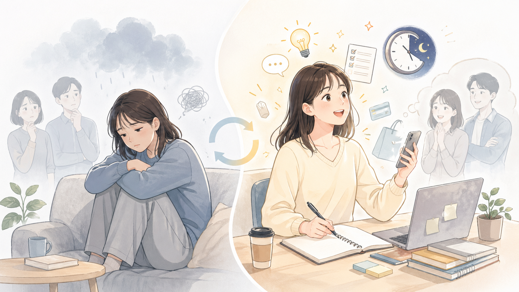 落ち込みの時期と、生活を立て直していく回復のイメージ